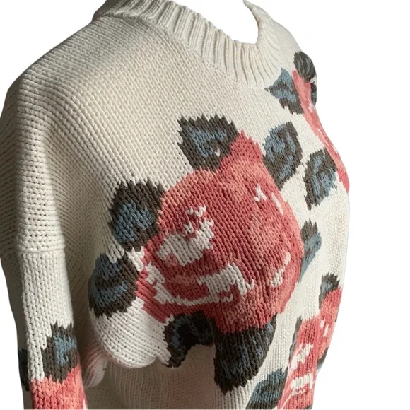 Mexx Sweater 100% Cotton Floral Motifs Jacquard 80s 90s MultiColor Pink Cream S - Picture 5 of 11